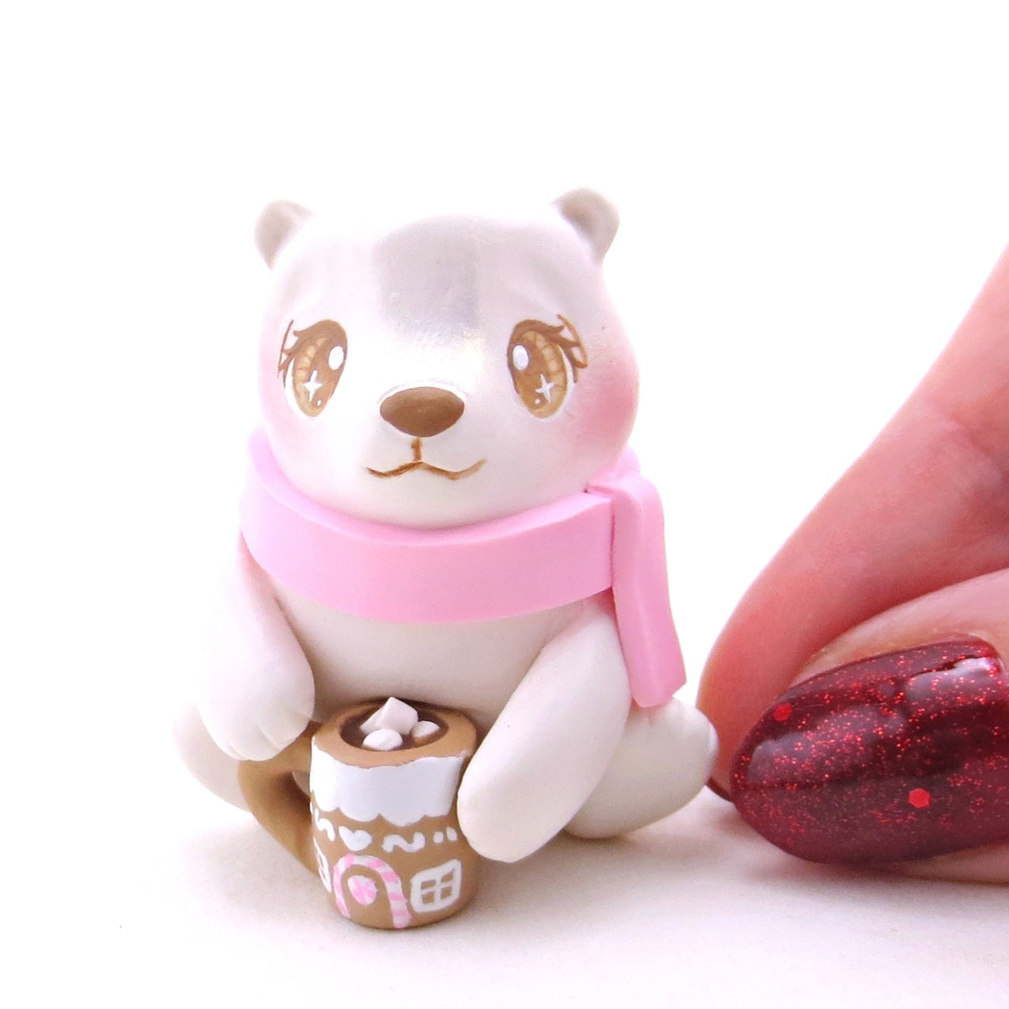 Polar Bear with a Pink Gingerbread House Hot Cocoa Mug Figurine - Polymer Clay Christmas Collection