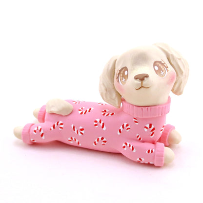 Candy Cane Christmas Jammies Cream Dachshund Puppy Dog Figurine - Polymer Clay Christmas Collection