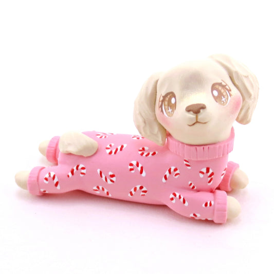 Candy Cane Christmas Jammies Cream Dachshund Puppy Dog Figurine - Polymer Clay Christmas Collection