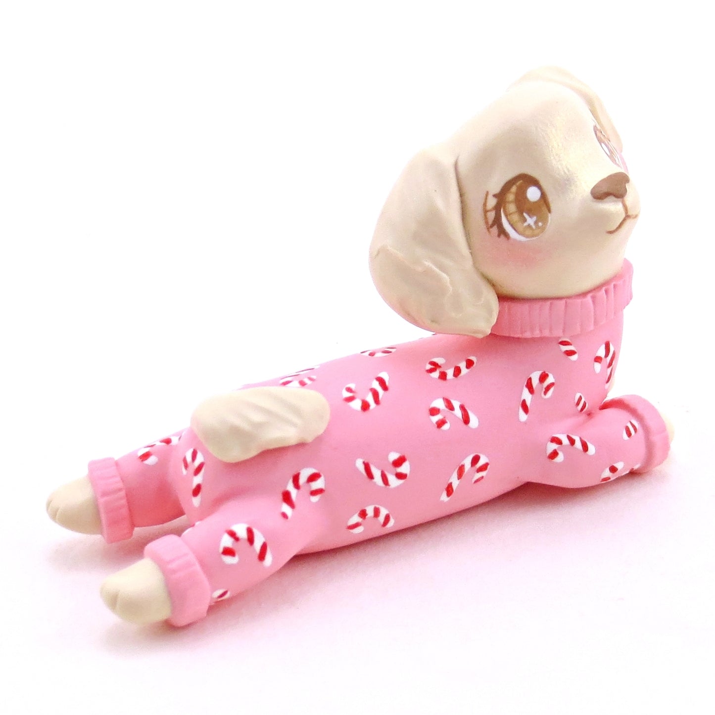 Candy Cane Christmas Jammies Cream Dachshund Puppy Dog Figurine - Polymer Clay Christmas Collection