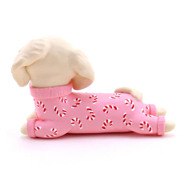 Candy Cane Christmas Jammies Cream Dachshund Puppy Dog Figurine - Polymer Clay Christmas Collection