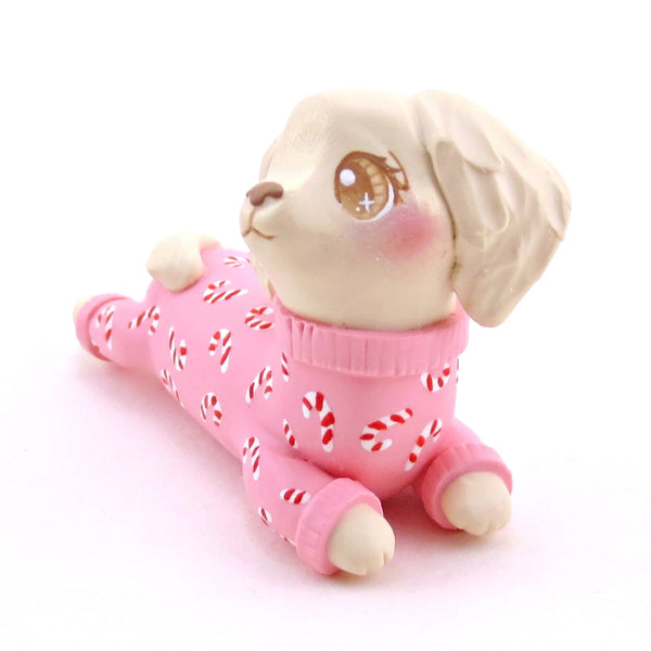 Candy Cane Christmas Jammies Cream Dachshund Puppy Dog Figurine - Polymer Clay Christmas Collection