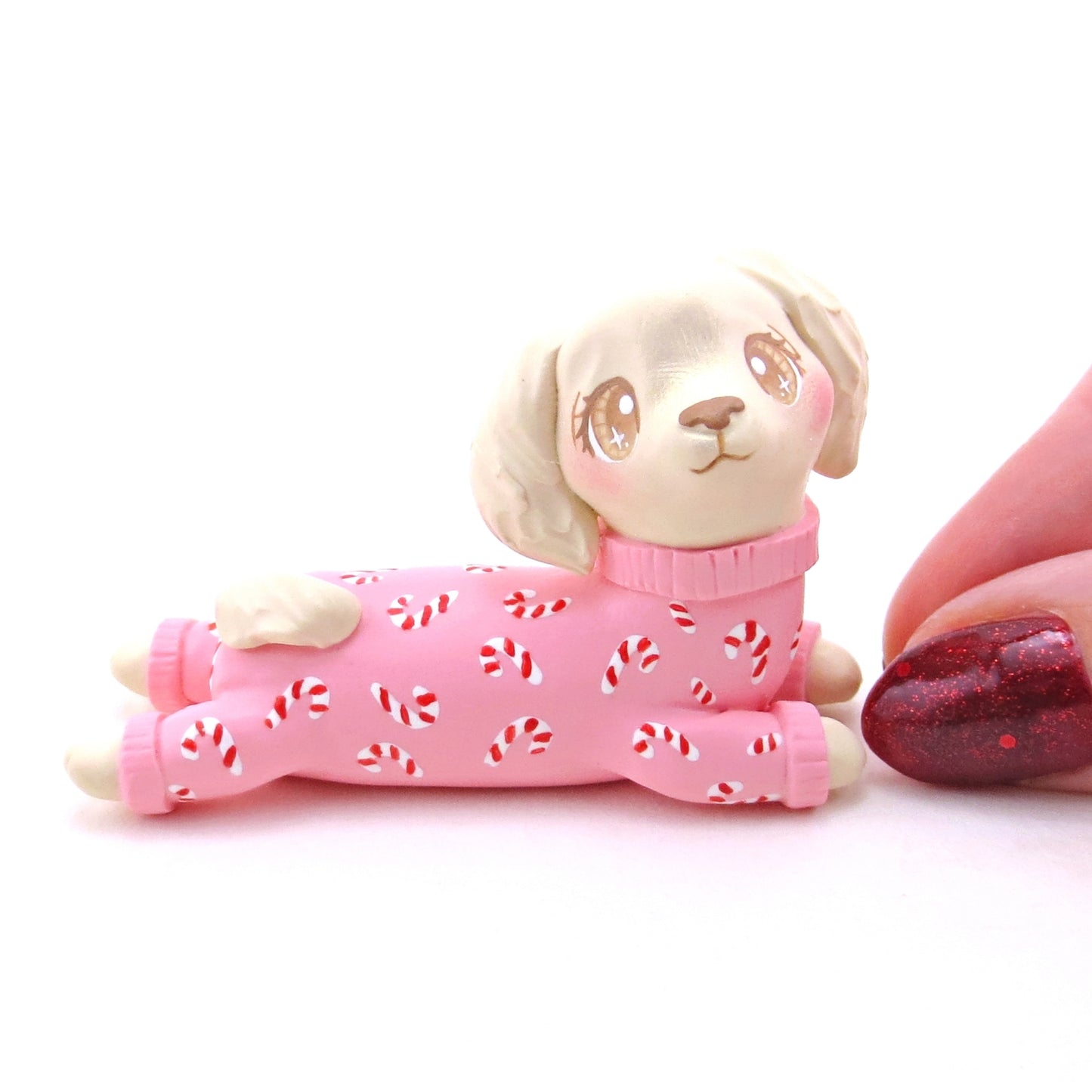 Candy Cane Christmas Jammies Cream Dachshund Puppy Dog Figurine - Polymer Clay Christmas Collection