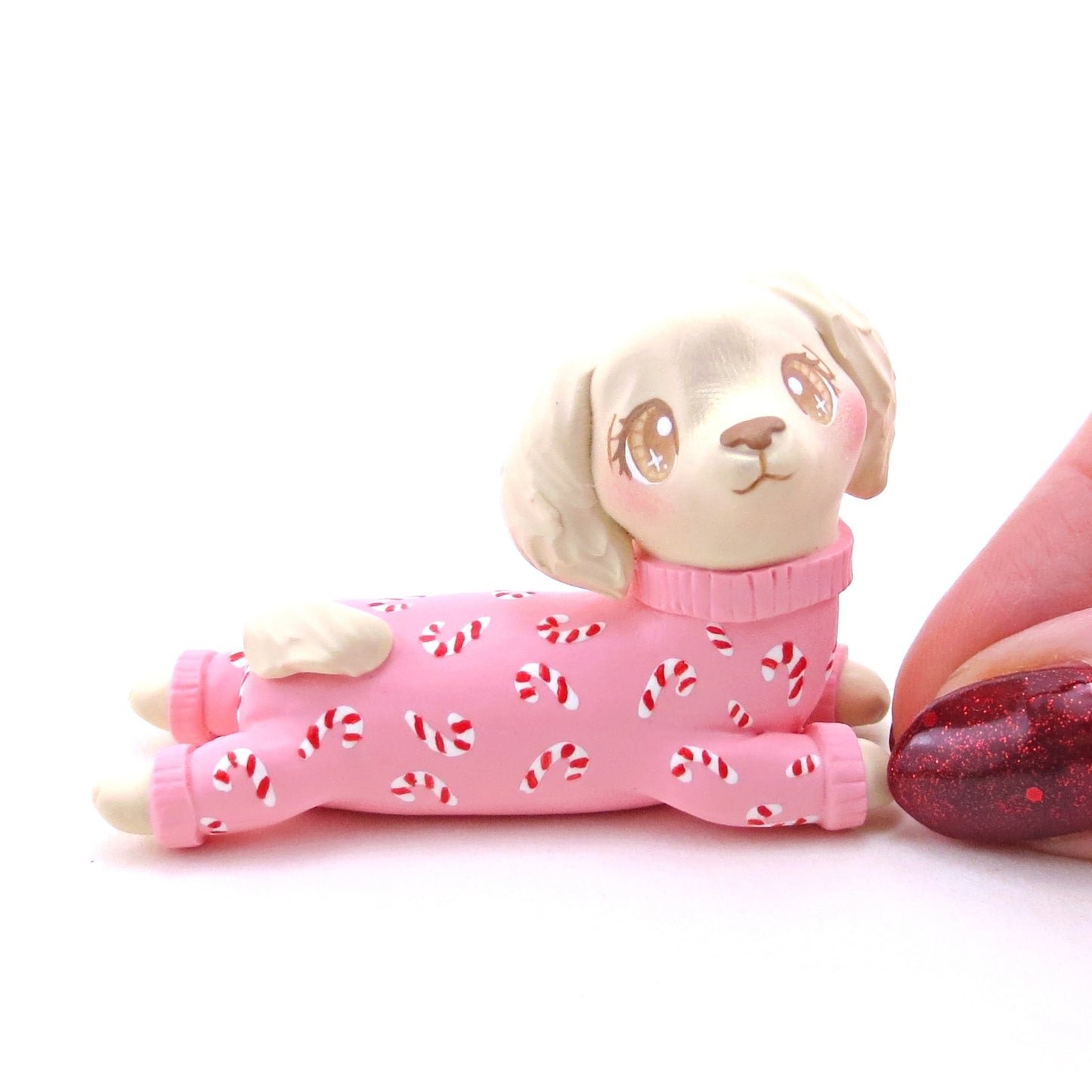 Candy Cane Christmas Jammies Cream Dachshund Puppy Dog Figurine - Polymer Clay Christmas Collection