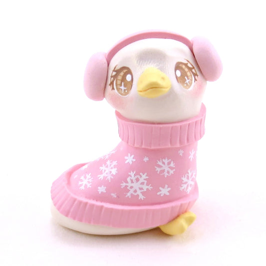 Pink Snowflake Sweater Goose Figurine - Polymer Clay Christmas Collection