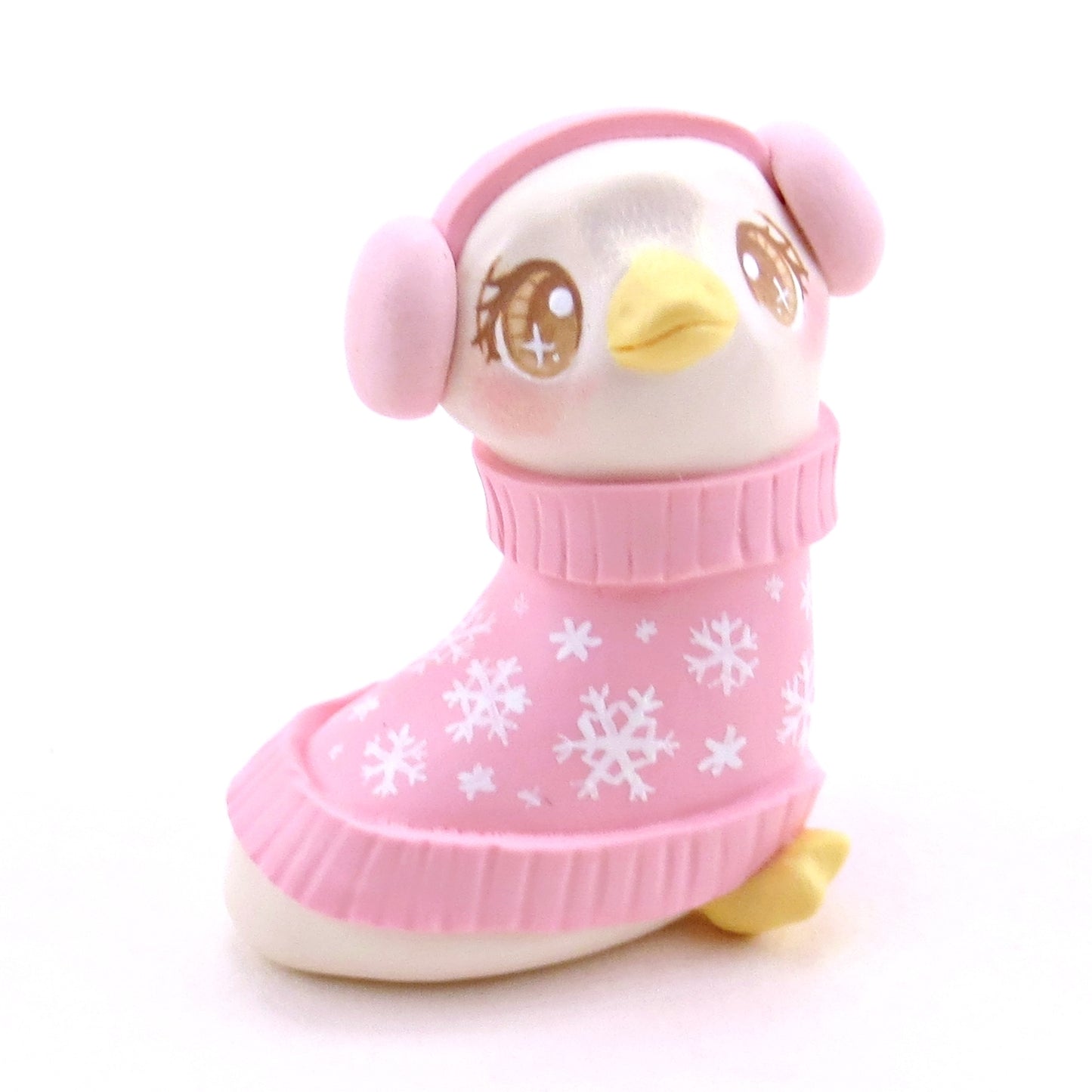 Pink Snowflake Sweater Goose Figurine - Polymer Clay Christmas Collection