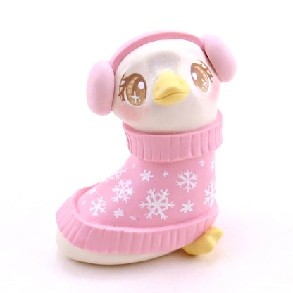 Pink Snowflake Sweater Goose Figurine - Polymer Clay Christmas Collection