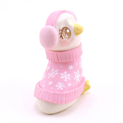 Pink Snowflake Sweater Goose Figurine - Polymer Clay Christmas Collection