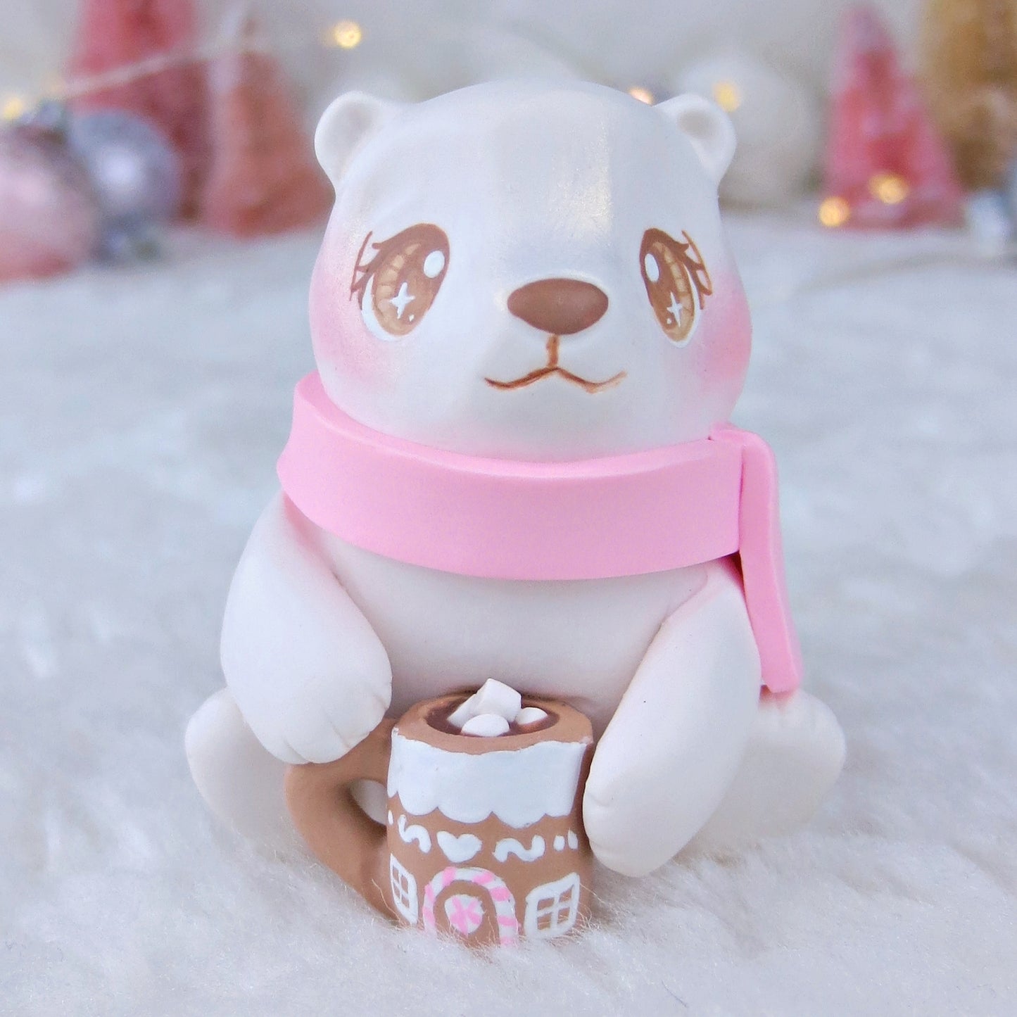 Polar Bear with a Pink Gingerbread House Hot Cocoa Mug Figurine - Polymer Clay Christmas Collection