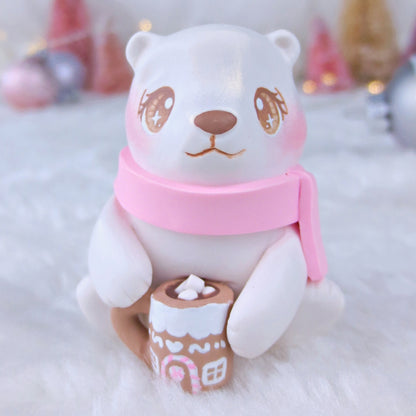 Polar Bear with a Pink Gingerbread House Hot Cocoa Mug Figurine - Polymer Clay Christmas Collection