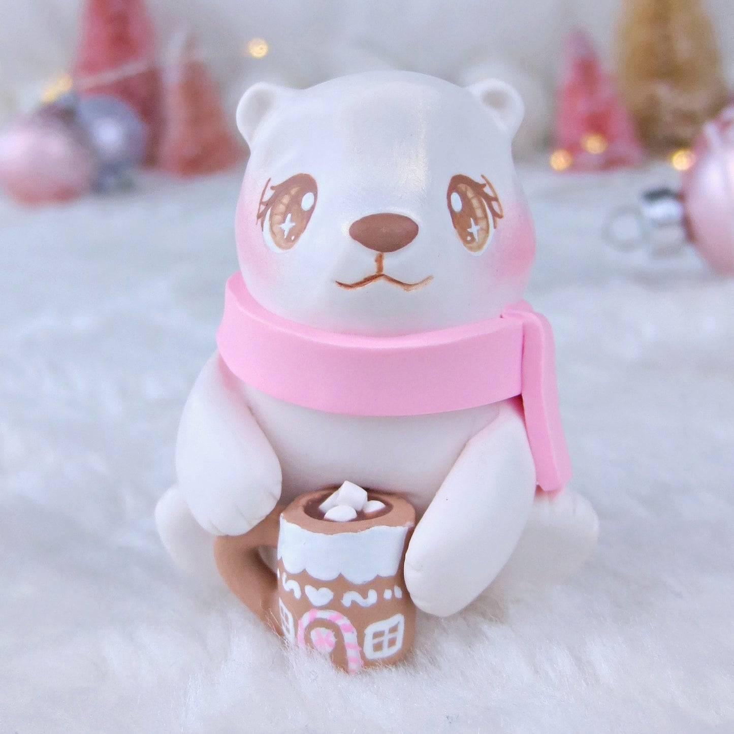 Polar Bear with a Pink Gingerbread House Hot Cocoa Mug Figurine - Polymer Clay Christmas Collection