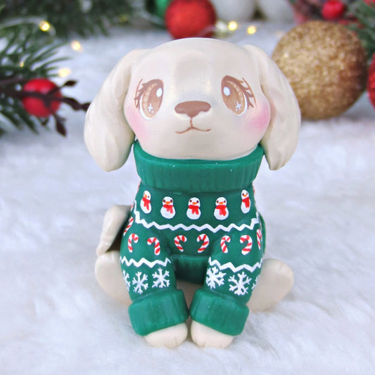 Christmas Sweater Cream Golden Retriever Puppy Dog Figurine - Polymer Clay Christmas Collection