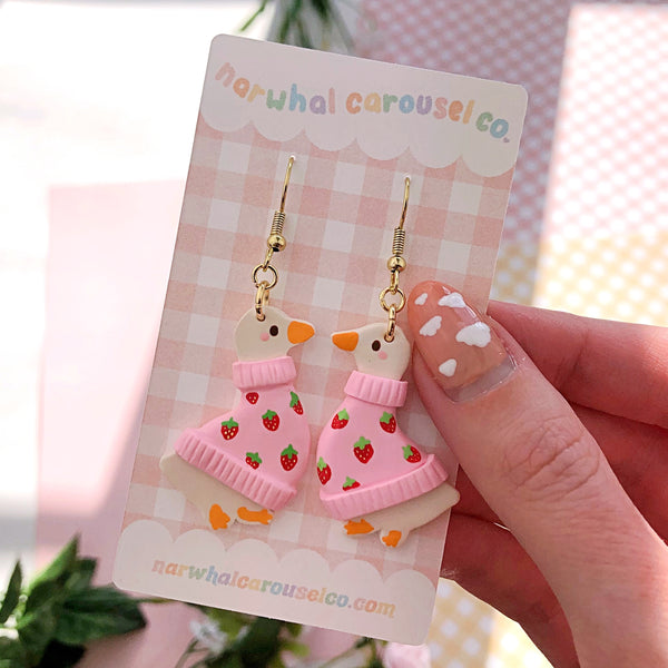 Strawberry Sweater Goose Polymer Clay Earrings
