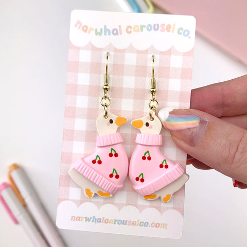 Pink Cherry Sweater Goose Polymer Clay Earrings