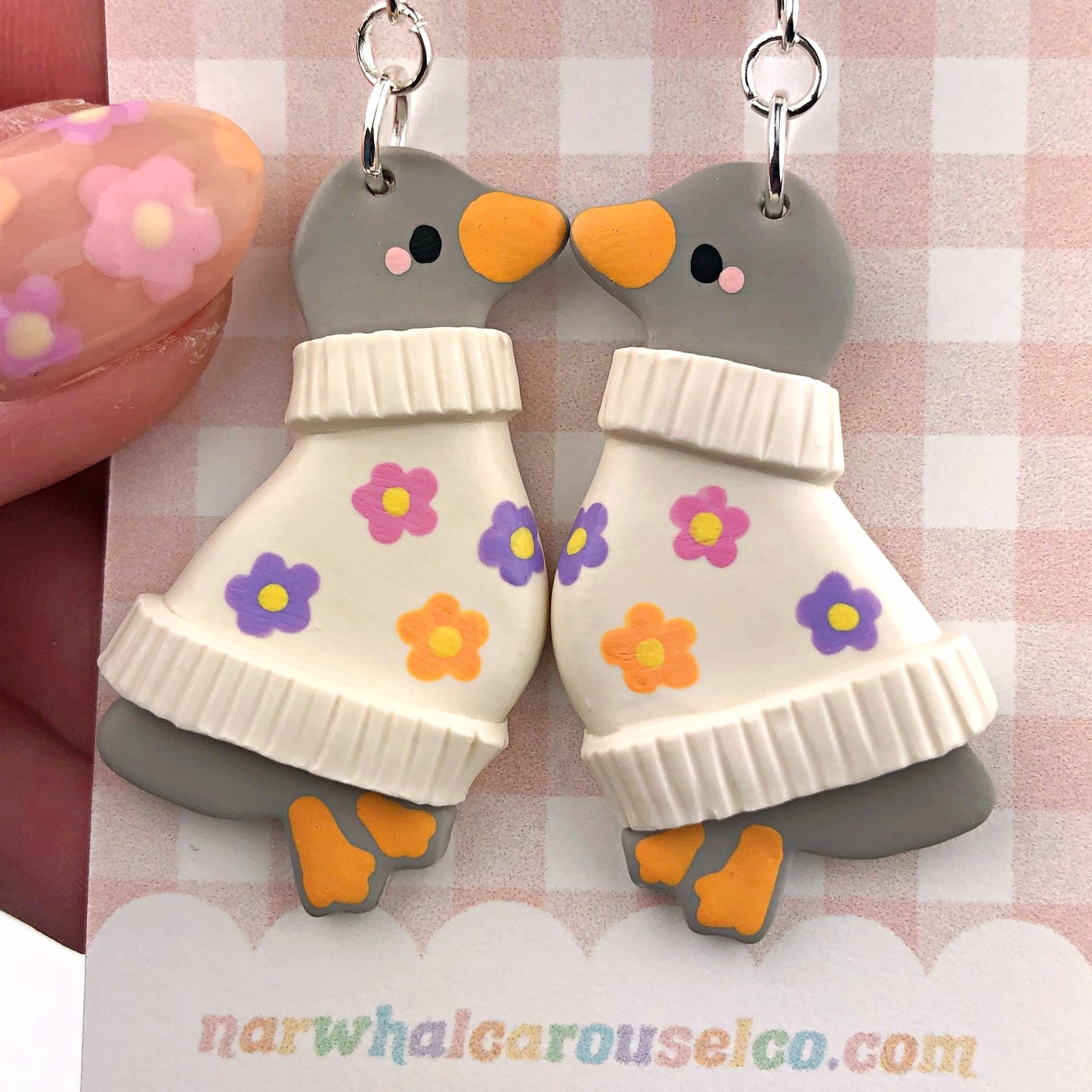 Flower Sweater Gracie the Grey Goose Polymer Clay Earrings