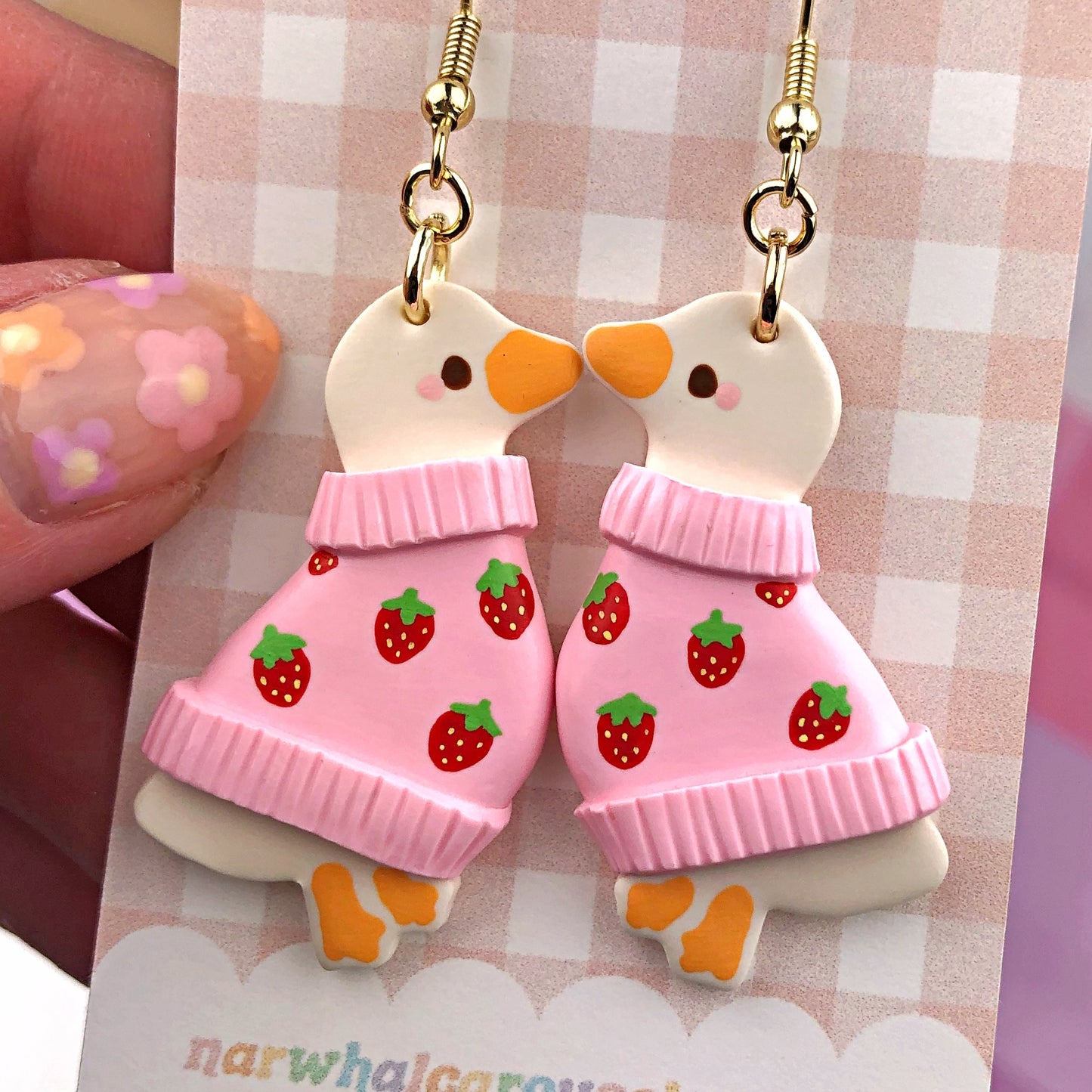 Strawberry Sweater Maisie the Goose Polymer Clay Earrings