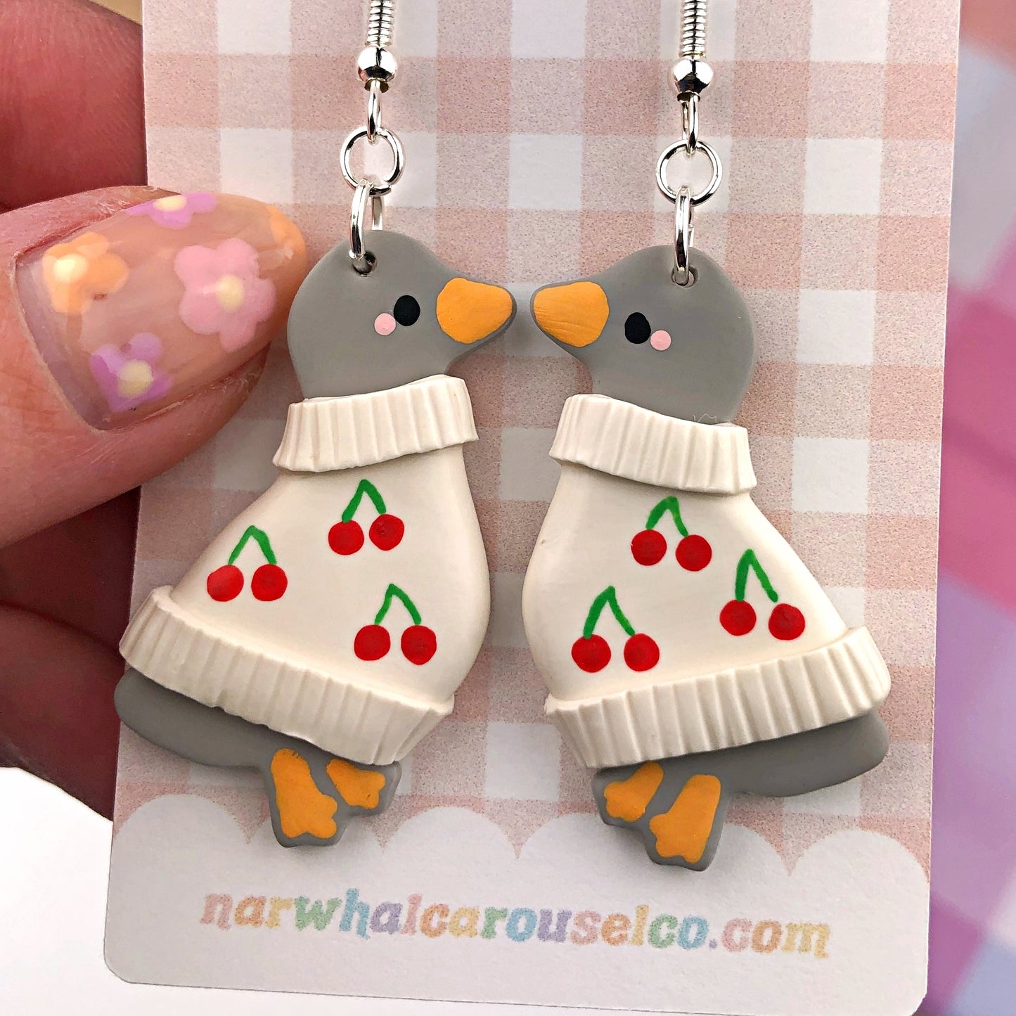 Cherry Sweater Gracie the Grey Goose Polymer Clay Earrings