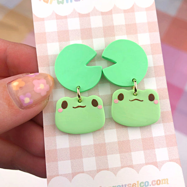 Frog and Lily Pad Polymer Clay Earrings