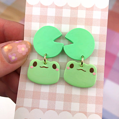 Frog and Lily Pad Polymer Clay Earrings