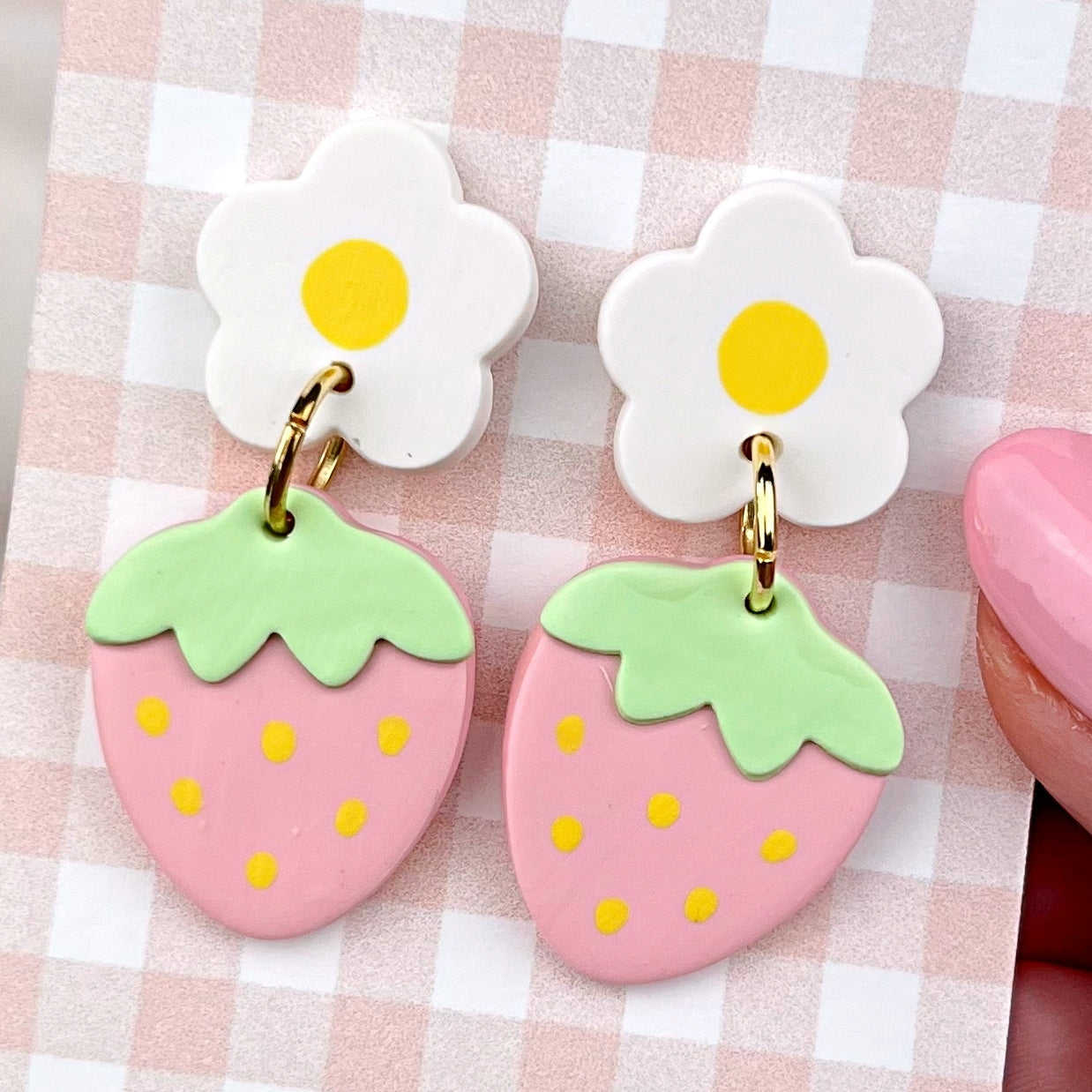 Pink Strawberry Polymer Clay Earrings