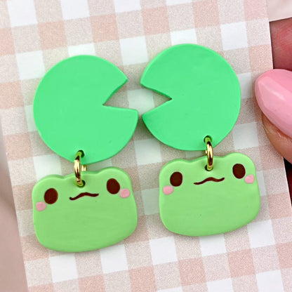 Frog and Lily Pad Polymer Clay Earrings