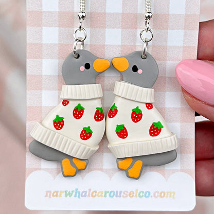 Strawberry Sweater Gracie the Grey Goose Polymer Clay Earrings