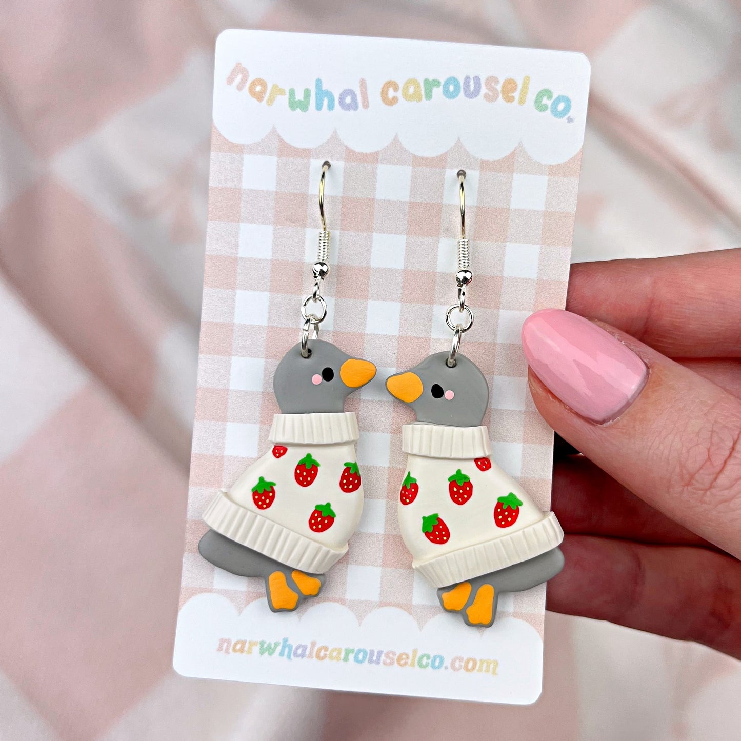 Strawberry Sweater Gracie the Grey Goose Polymer Clay Earrings