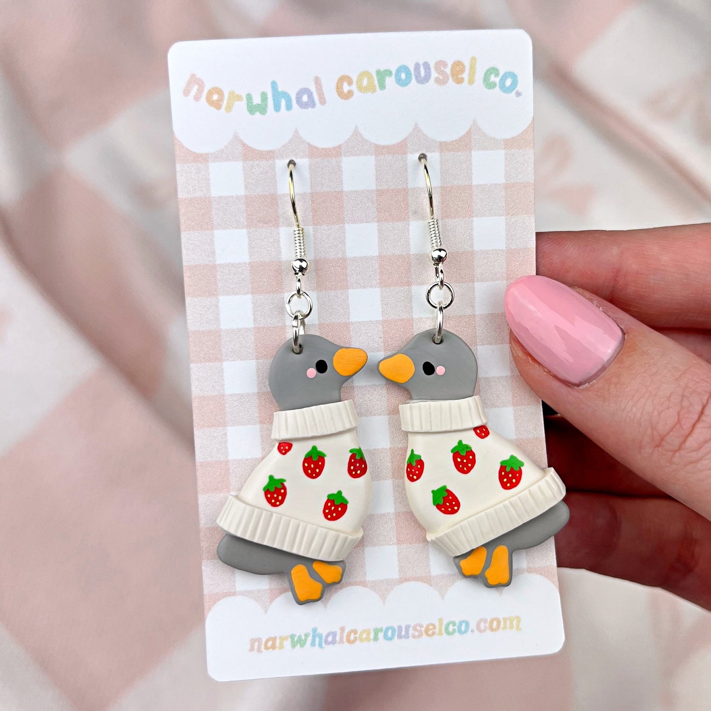 Strawberry Sweater Gracie the Grey Goose Polymer Clay Earrings