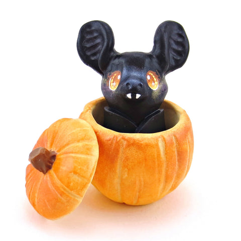 Bat in a Pumpkin Figurine Set - Polymer Clay Animals Fall and Halloween Collection