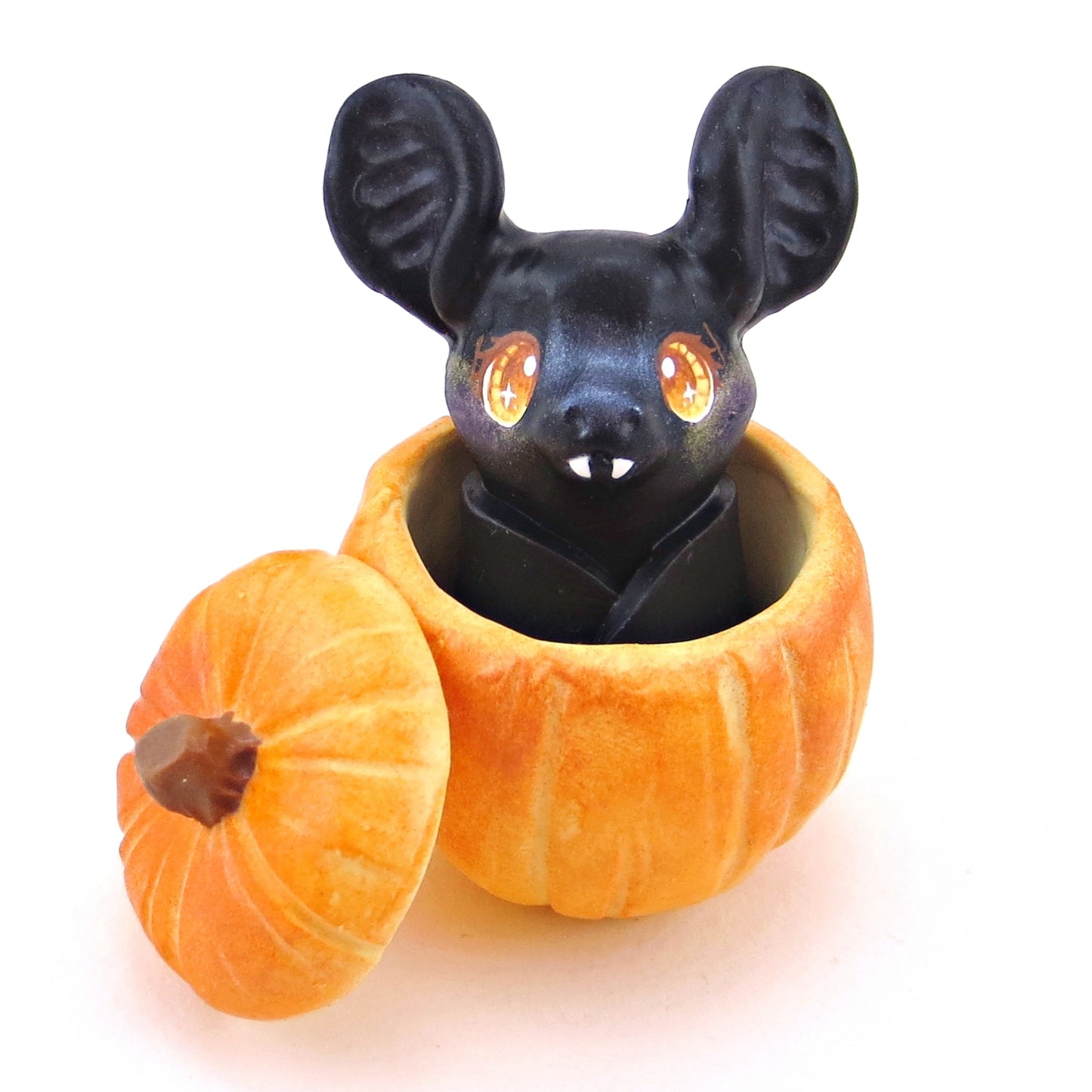 Bat in a Pumpkin Figurine Set - Polymer Clay Animals Fall and Halloween Collection