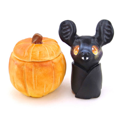 Bat in a Pumpkin Figurine Set - Polymer Clay Animals Fall and Halloween Collection