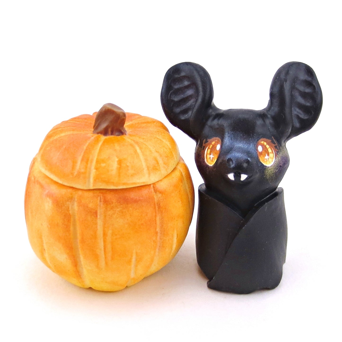 Bat in a Pumpkin Figurine Set - Polymer Clay Animals Fall and Halloween Collection