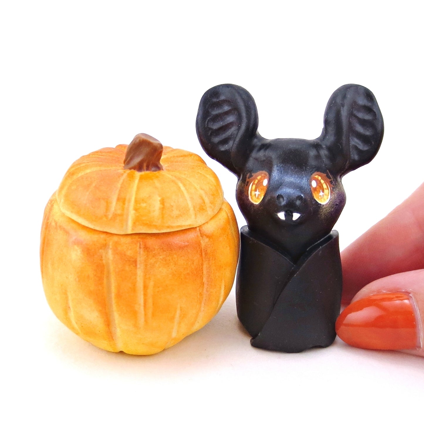 Bat in a Pumpkin Figurine Set - Polymer Clay Animals Fall and Halloween Collection