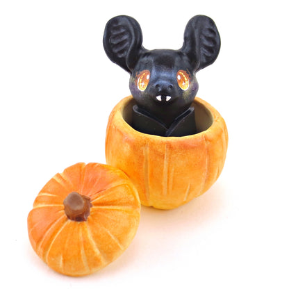 Bat in a Pumpkin Figurine Set - Polymer Clay Animals Fall and Halloween Collection