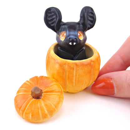 Bat in a Pumpkin Figurine Set - Polymer Clay Animals Fall and Halloween Collection