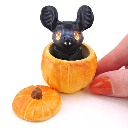 Bat in a Pumpkin Figurine Set - Polymer Clay Animals Fall and Halloween Collection