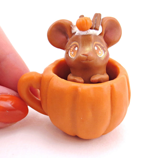 Pumpkin Spice Latte Mouse in a Pumpkin Mug Figurine Set - Polymer Clay Animals Fall and Halloween Collection