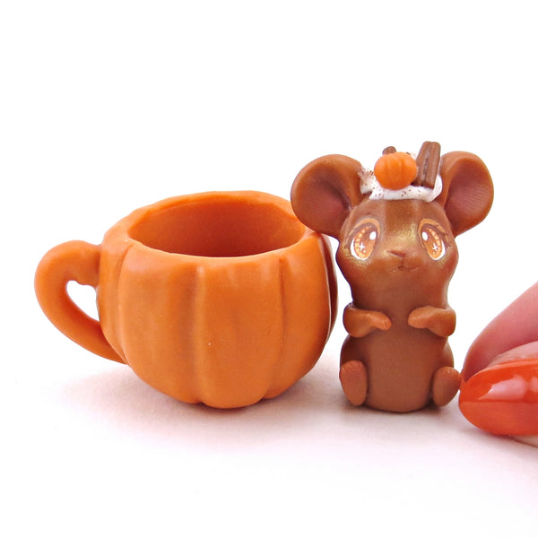 Pumpkin Spice Latte Mouse in a Pumpkin Mug Figurine Set - Polymer Clay Animals Fall and Halloween Collection