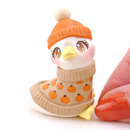 Pumpkin Sweater Goose Figurine - Polymer Clay Animals Fall and Halloween Collection