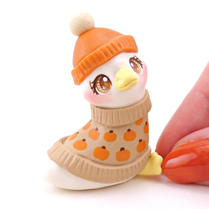 Pumpkin Sweater Goose Figurine - Polymer Clay Animals Fall and Halloween Collection