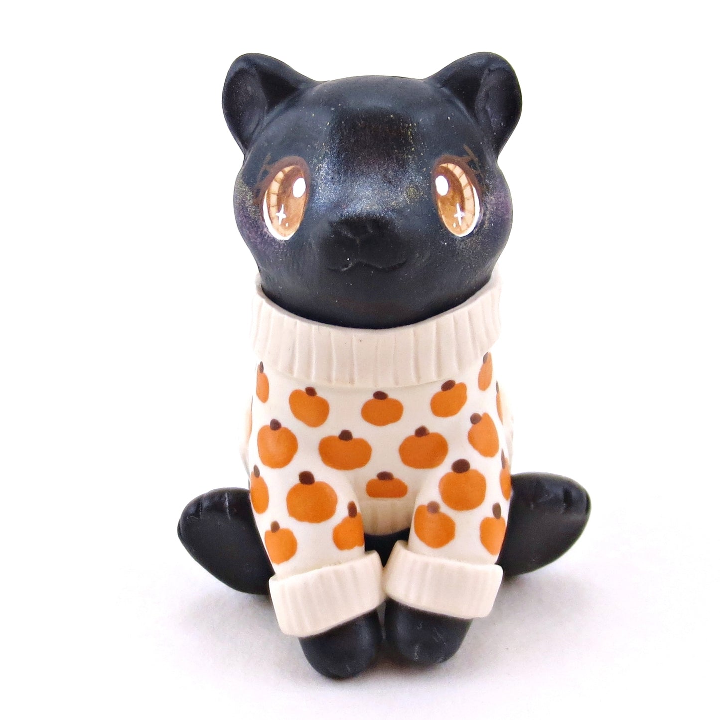 Pumpkin Sweater Black Cat Figurine - Polymer Clay Animals Fall and Halloween Collection