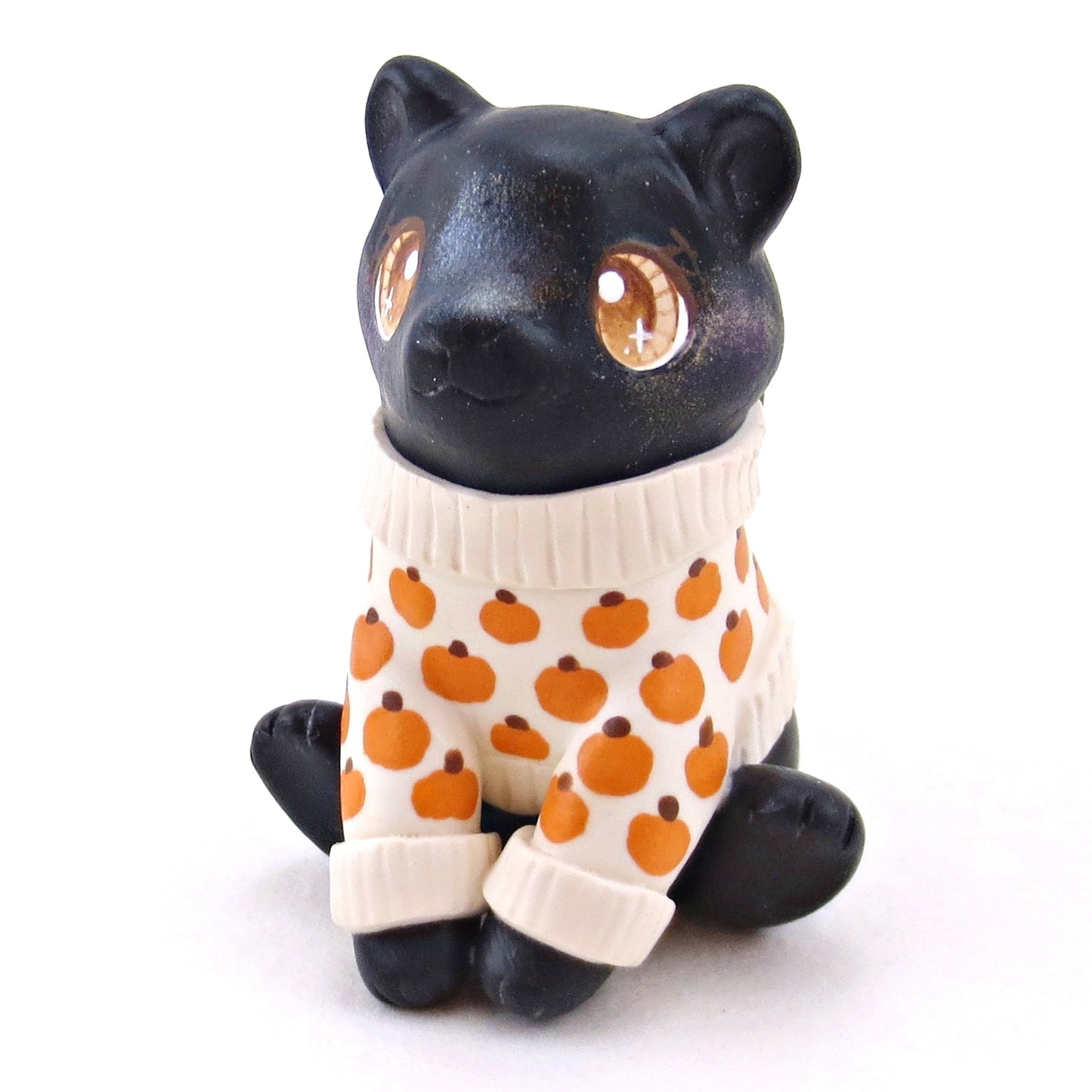 Pumpkin Sweater Black Cat Figurine - Polymer Clay Animals Fall and Halloween Collection