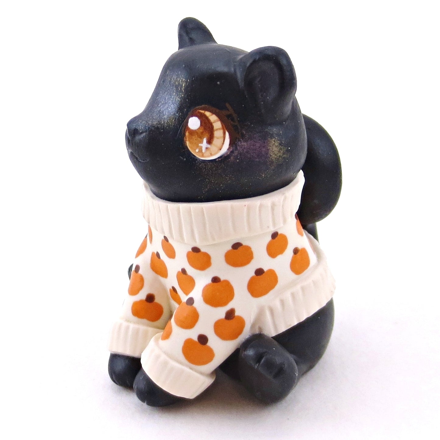 Pumpkin Sweater Black Cat Figurine - Polymer Clay Animals Fall and Halloween Collection