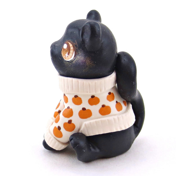 Pumpkin Sweater Black Cat Figurine - Polymer Clay Animals Fall and Halloween Collection