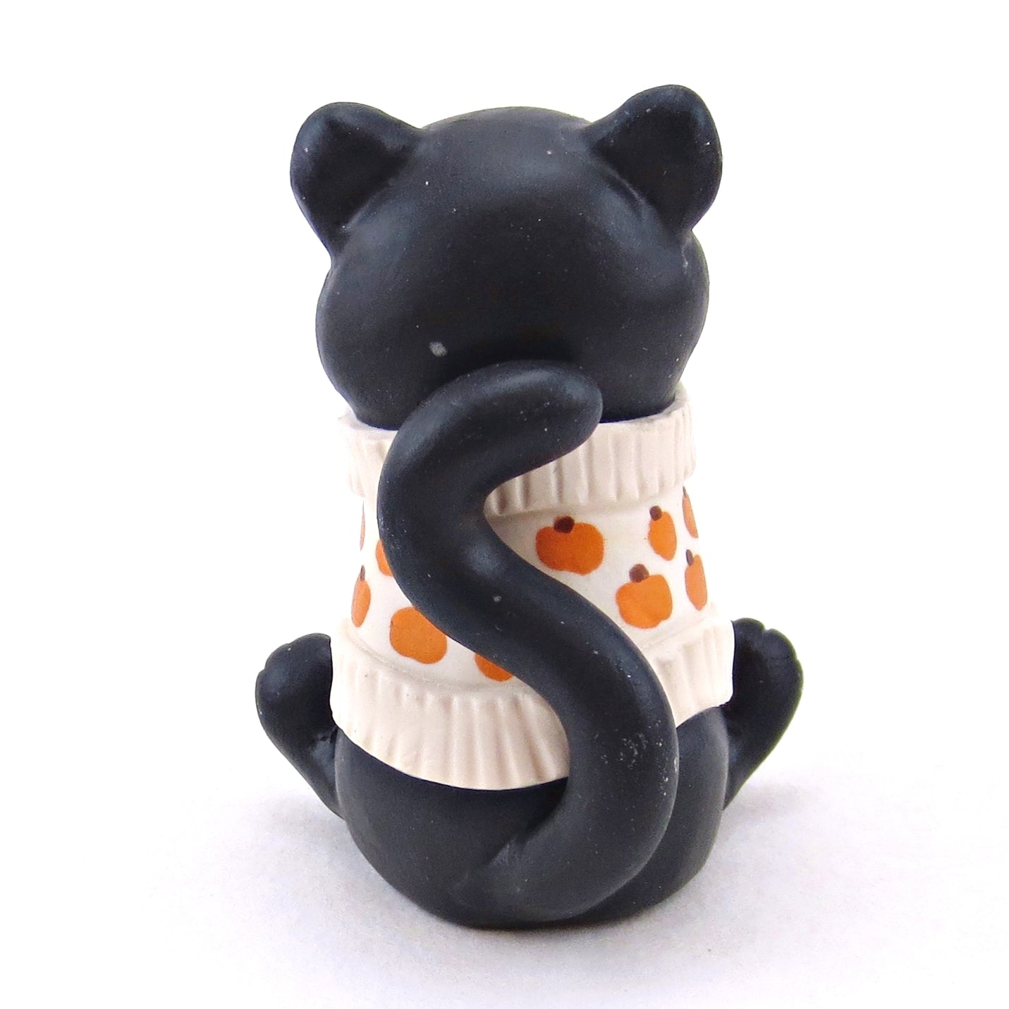 Pumpkin Sweater Black Cat Figurine - Polymer Clay Animals Fall and Halloween Collection