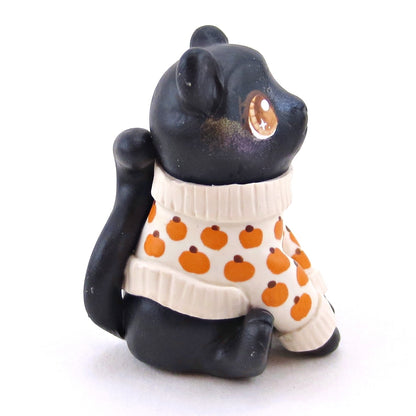 Pumpkin Sweater Black Cat Figurine - Polymer Clay Animals Fall and Halloween Collection