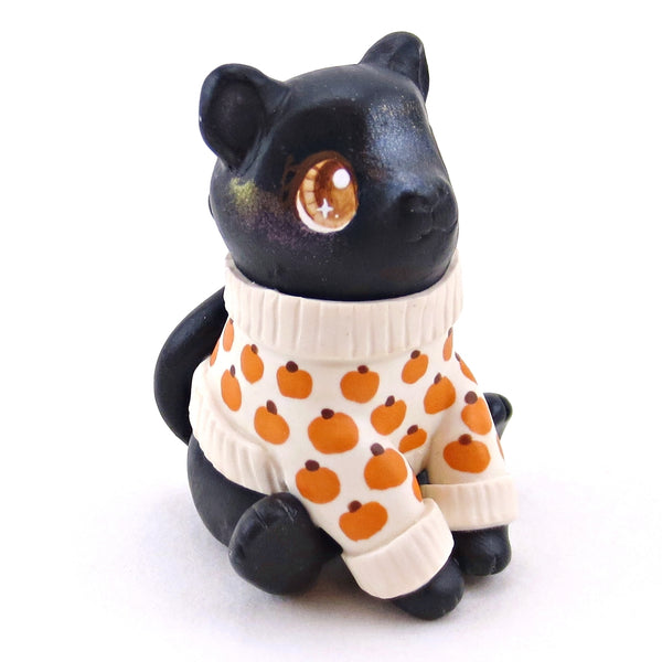 Pumpkin Sweater Black Cat Figurine - Polymer Clay Animals Fall and Halloween Collection