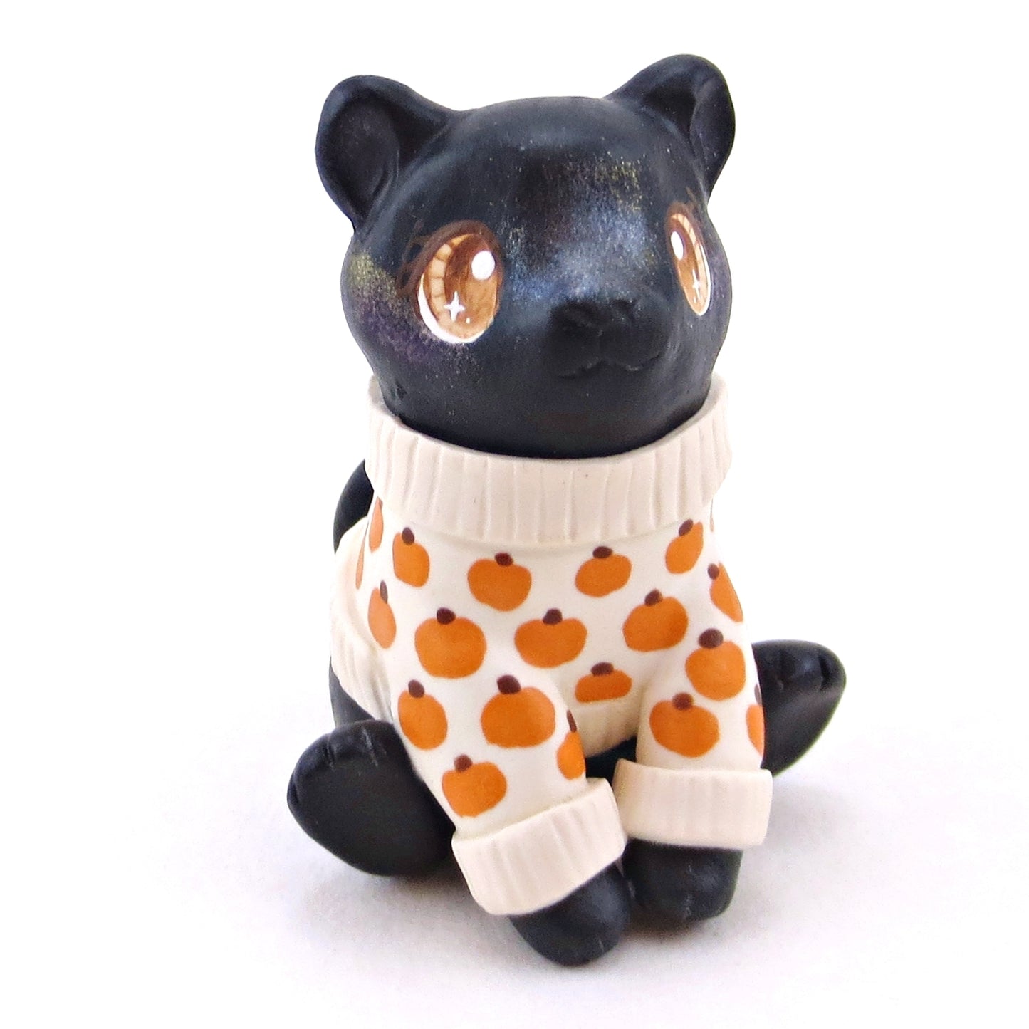 Pumpkin Sweater Black Cat Figurine - Polymer Clay Animals Fall and Halloween Collection