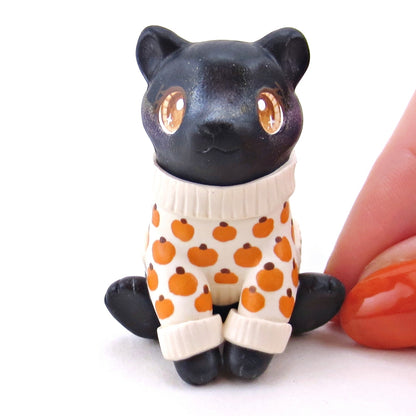 Pumpkin Sweater Black Cat Figurine - Polymer Clay Animals Fall and Halloween Collection