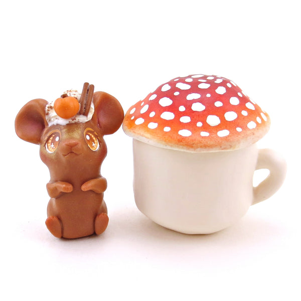 Pumpkin Spice Latte Mouse and Mushroom Mug Set - Polymer Clay Animals Fall and Halloween Collection